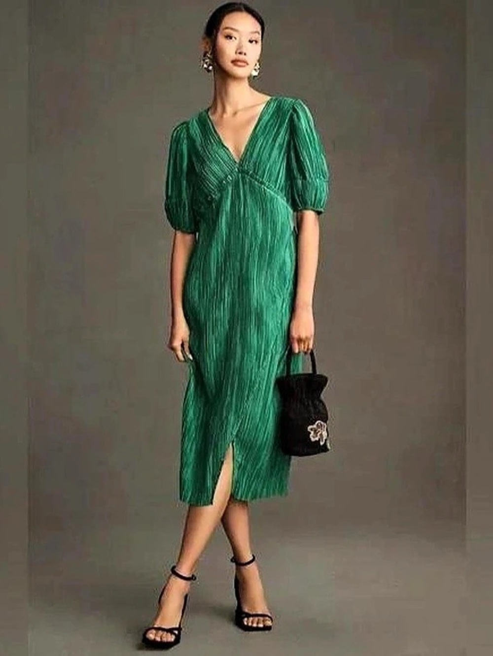 Anthropologie By Anthropologie V-Neck Pleated Slim Midi Dress Green
